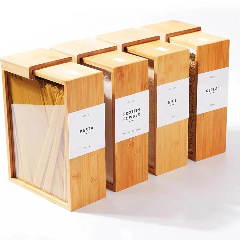 New Food Storage Box Wooden Kitchen Oatmeal Cereal Storage Barrel Bamboo Wood Grain Dispenser Food Storage Organization