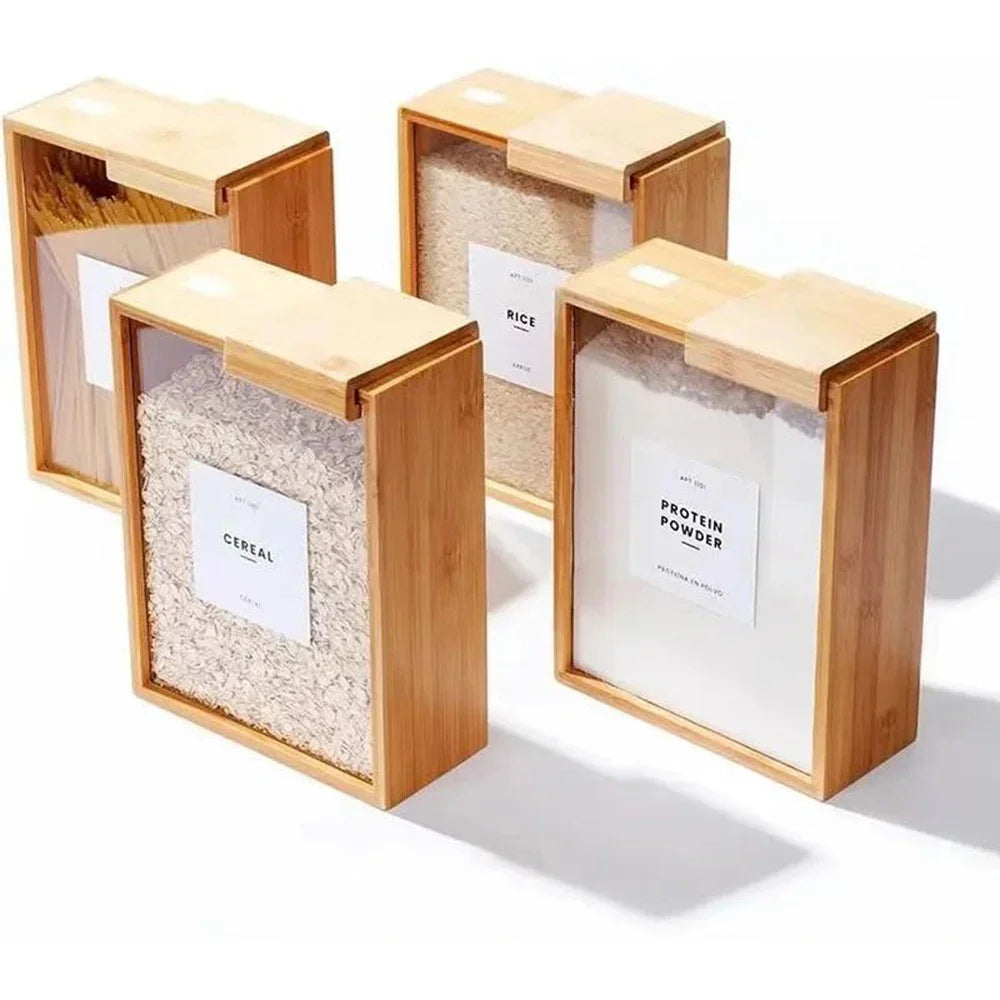 New Food Storage Box Wooden Kitchen Oatmeal Cereal Storage Barrel Bamboo Wood Grain Dispenser Food Storage Organization
