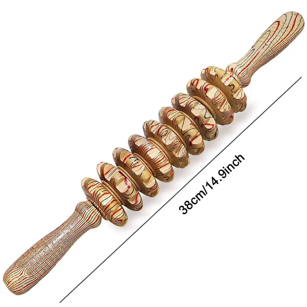 9 Rollers Curved Massager Handheld Stick Wooden Lymphatic Drainage Massage Tools for Anti-cellulit, Body Muscle Pain Relief