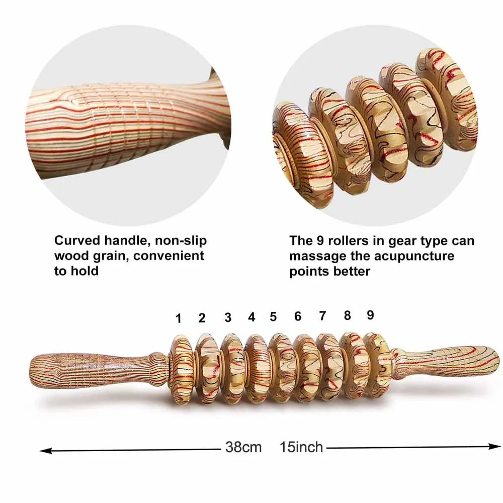 9 Rollers Curved Massager Handheld Stick Wooden Lymphatic Drainage Massage Tools for Anti-cellulit, Body Muscle Pain Relief