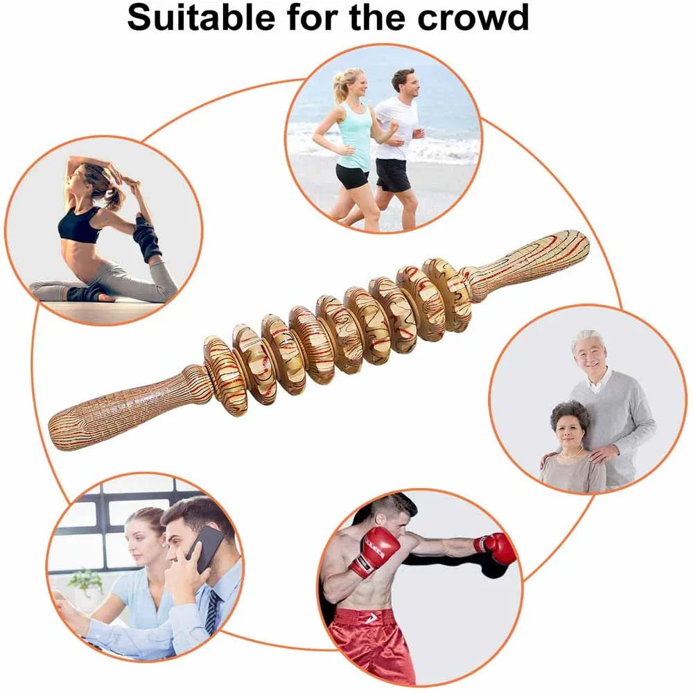 9 Rollers Curved Massager Handheld Stick Wooden Lymphatic Drainage Massage Tools for Anti-cellulit, Body Muscle Pain Relief