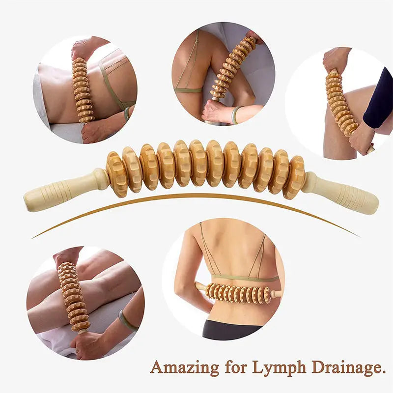 9 Rollers Curved Massager Handheld Stick Wooden Lymphatic Drainage Massage Tools for Anti-cellulit, Body Muscle Pain Relief