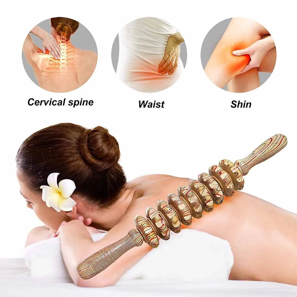 9 Rollers Curved Massager Handheld Stick Wooden Lymphatic Drainage Massage Tools for Anti-cellulit, Body Muscle Pain Relief