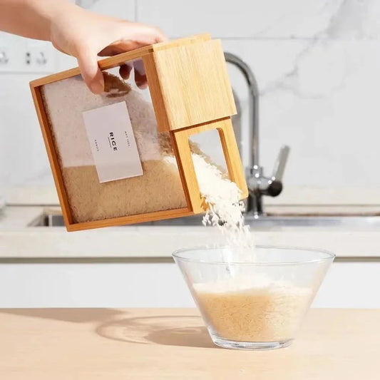 New Food Storage Box Wooden Kitchen Oatmeal Cereal Storage Barrel Bamboo Wood Grain Dispenser Food Storage Organization